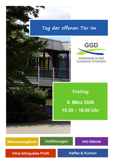 Einladung zum Tag der offenen Tür im Gymnasium in der Glemsaue Ditzingen am 6. März 2026 von 15.30 - 18 Uhr mit Mitmachangeboten, Vorführungen, Info-Ständen sowie Kaffee & Kuchen