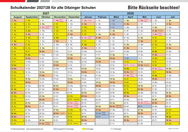 Ferienplan Schuljahr 2027/28 (Stadt Ditzingen)