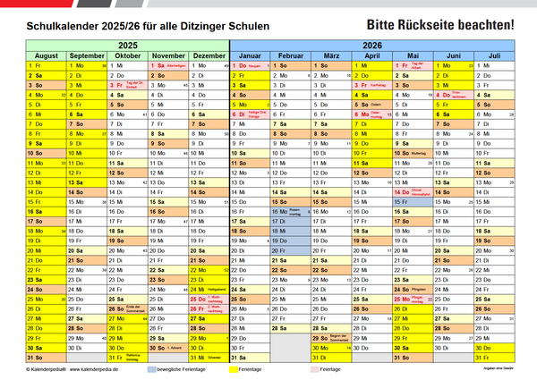 Ferienplan Schuljahr 2025/26 (Stadt Ditzingen)