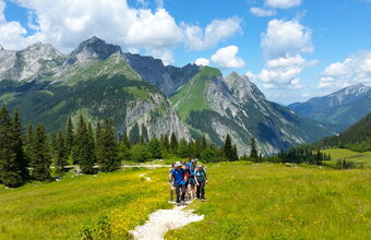 Eine Gruppe von Schüler*innen wandert über eine blühende Almwiese, umgeben von beeindruckenden Berggipfeln und blauem Himmel.
