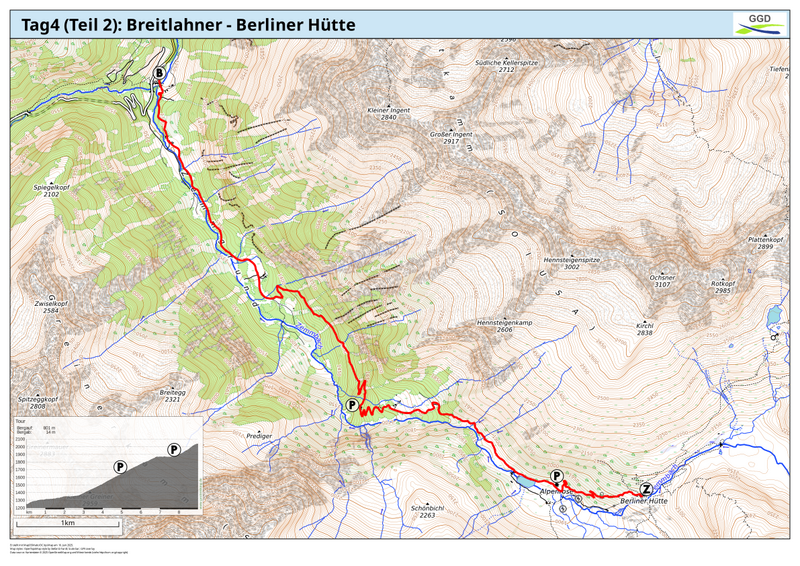 Die Karte zeigt den zweiten Teil der Wanderroute des 4. Tages.