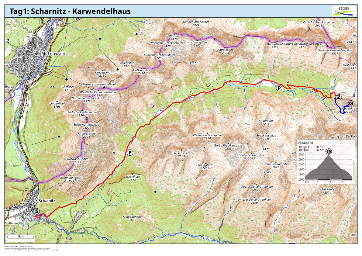 Die Karte zeigt die Wanderroute des 1. Tages.