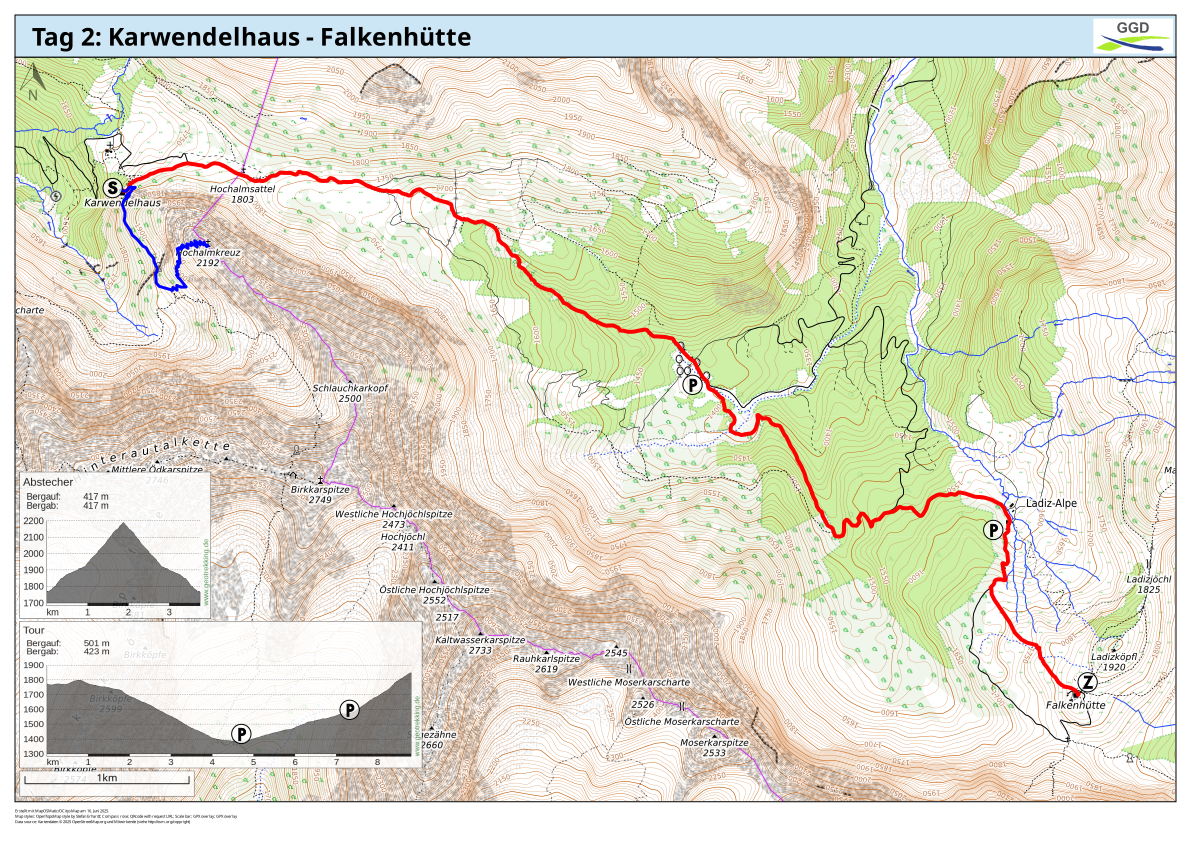 Die Karte zeigt die Wanderroute des 2. Tages.