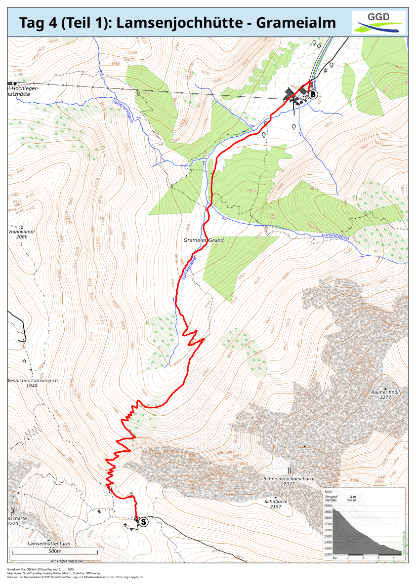 Die Karte zeigt den ersten Teil der Wanderroute des 4. Tages.