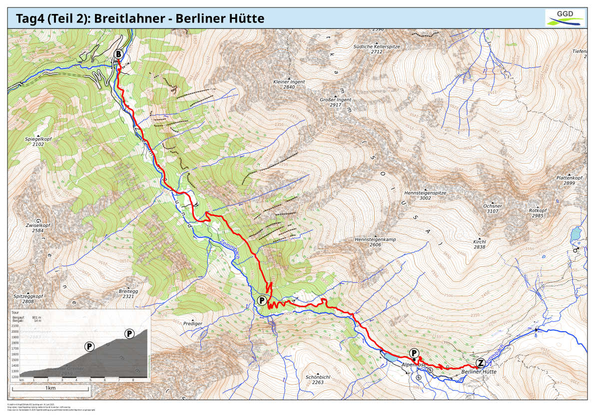 Die Karte zeigt den zweiten Teil der Wanderroute des 4. Tages.