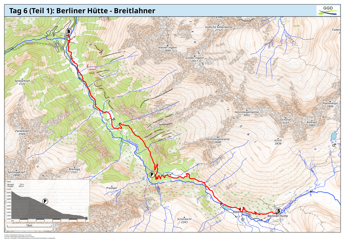 Die Karte zeigt den ersten Teil der Wanderroute des 6. Tages.