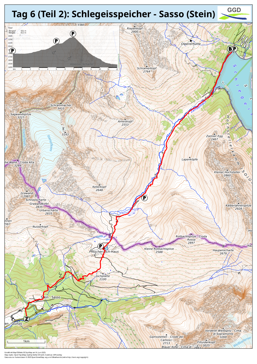 Die Karte zeigt den zweiten Teil der Wanderroute des 6. Tages.