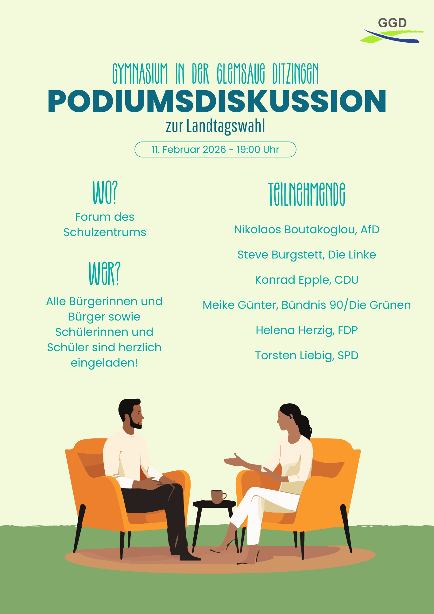 Flyer zur Podiumsdiskussion zur Landtagswahl am 11. Februar 2026 um 19:00 Uhr im Forum des Schulzentrums am Gymnasium in der Glemsaue Ditzingen. Eingeladen sind alle Bürgerinnen und Bürger sowie Schülerinnen und Schüler. Teilnehmende: Nikolaos Boutakoglou
